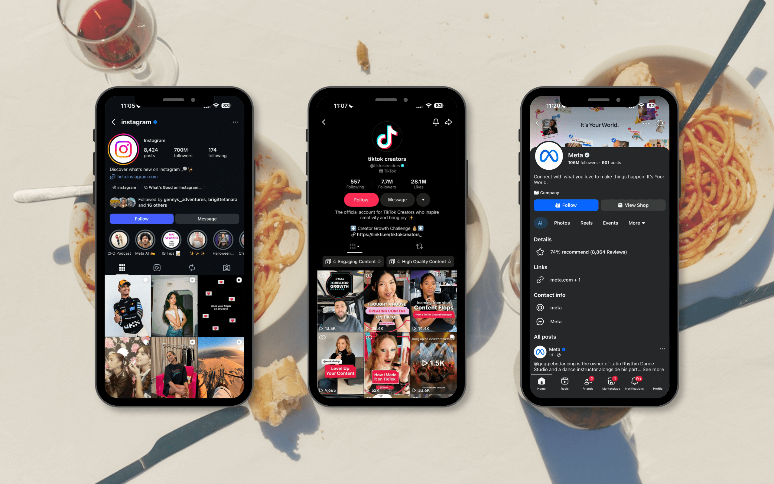 Instagram, TikTok, and Facebook profiles for restaurants displayed on smartphones