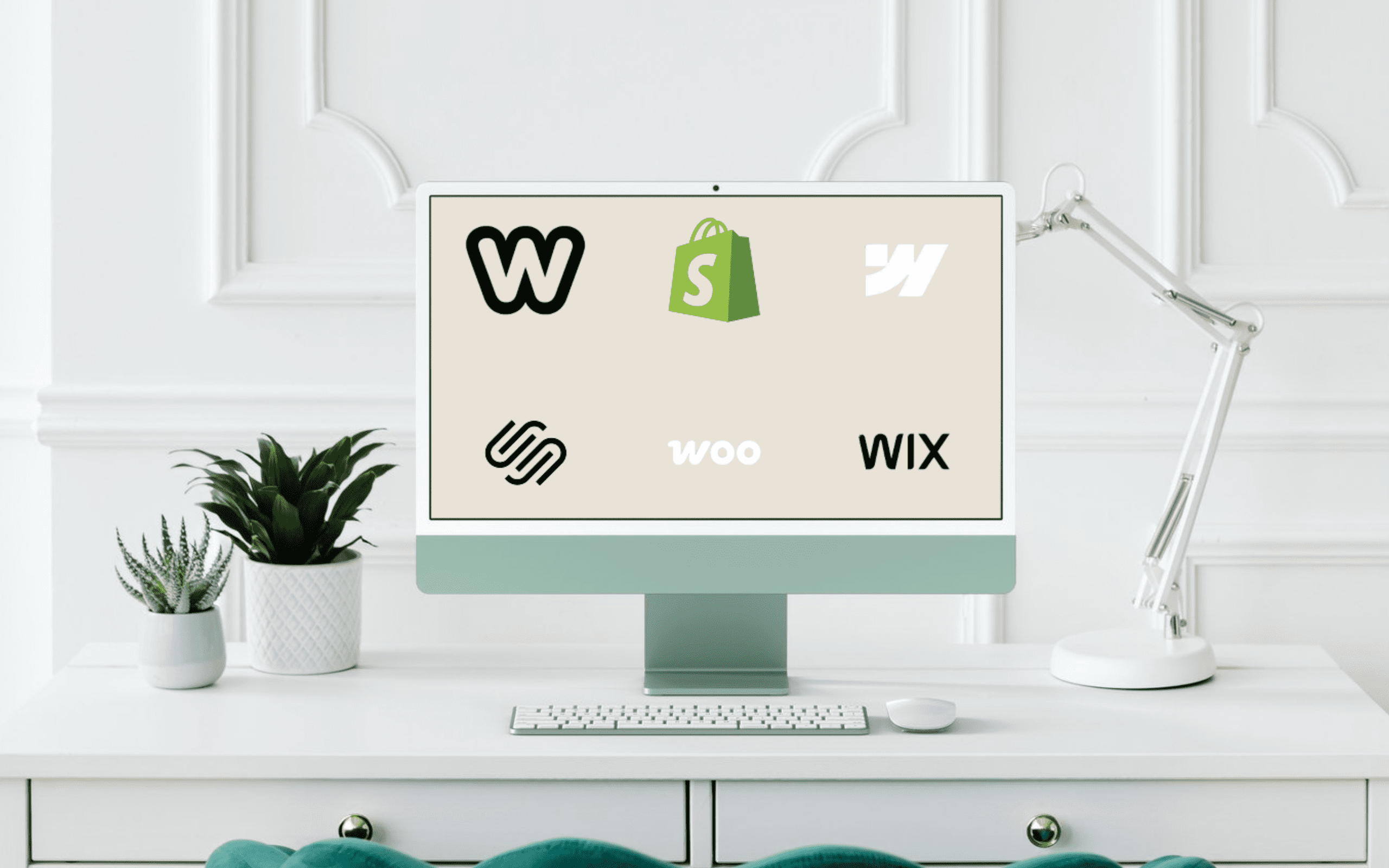 Website builder platforms logos — Weebly, Shopify, Webflow, Squarespace, WooCommerce, and Wix displayed on a desktop monitor