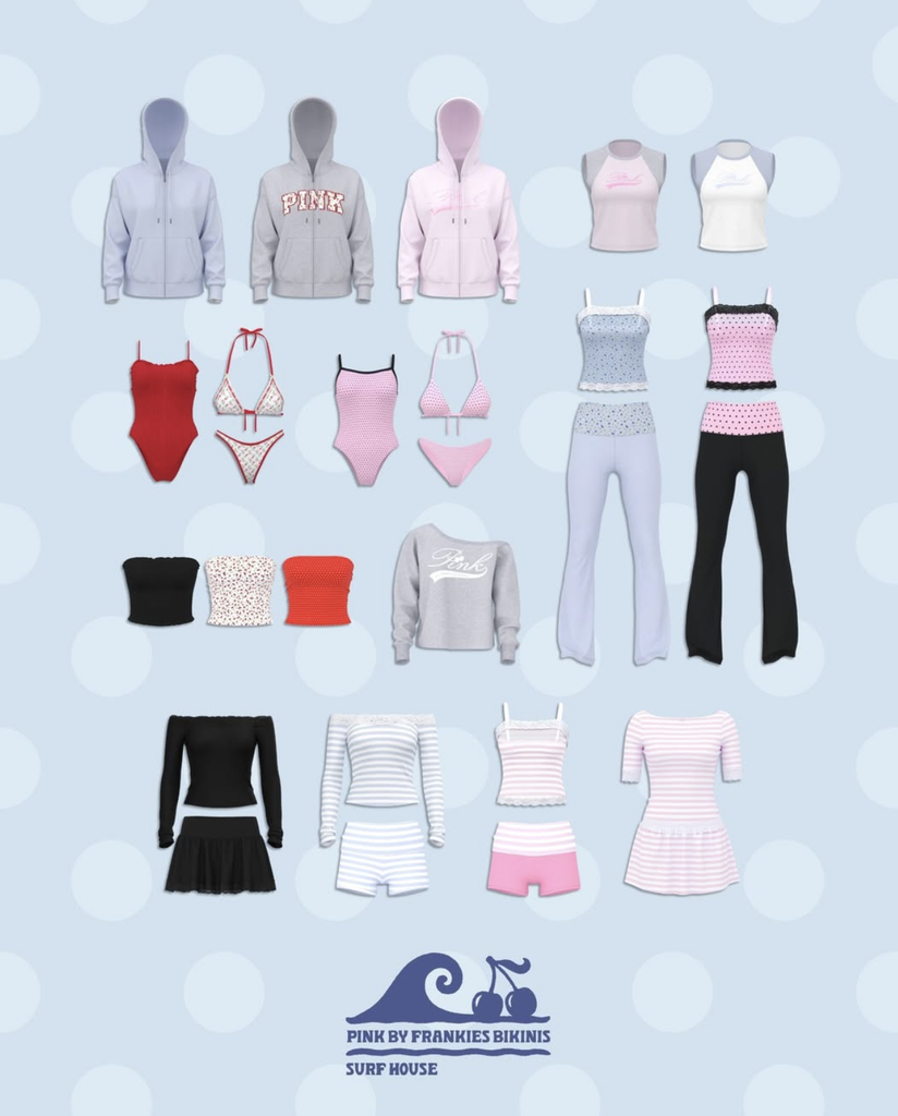 Présentation illustrée de la collection PINK by Frankies Bikinis Surf House, avec sweats à capuche, bikinis, bodies, tops et ensembles coordonnés en rose, bleu et noir sur fond bleu ciel à pois