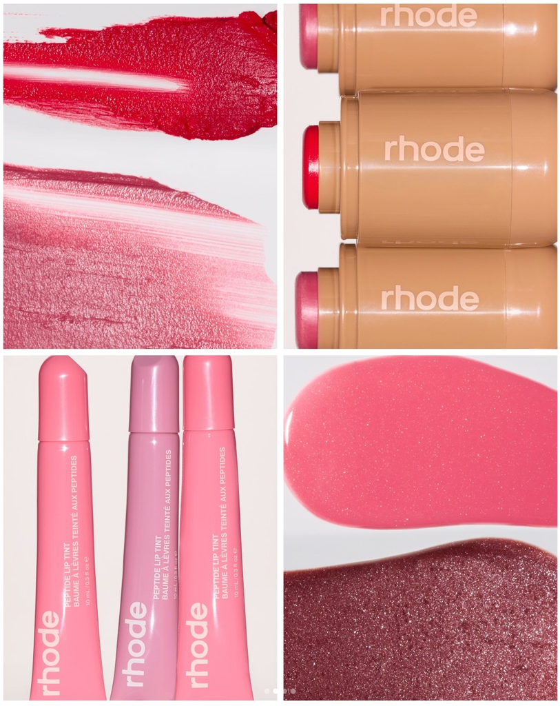 Flatlay de produits Rhode montrant des lip tints peptidiques, des blush sticks et des swatches de couleurs de la collection Rhode x Sarah Pidgeon