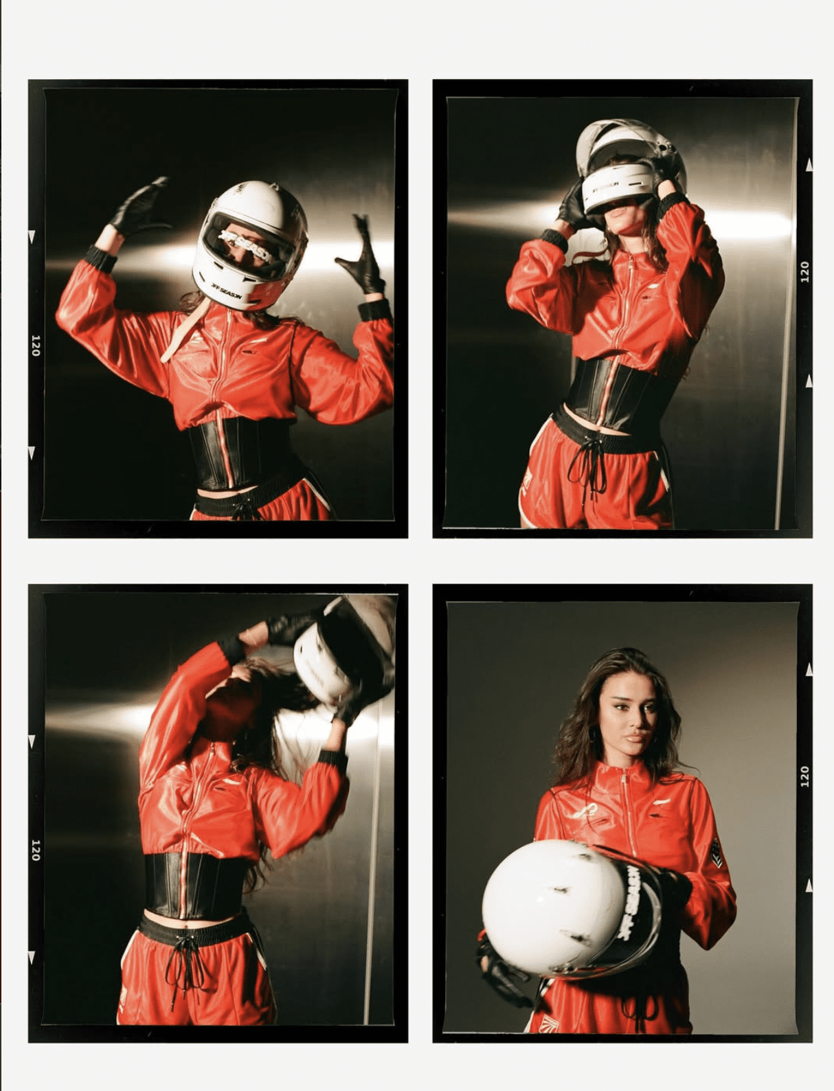 Un montage de quatre photos en style planche contact montrant un modèle portant une veste de course en cuir rouge, un corset noir et un casque blanc, dans un éclairage de studio dramatique.