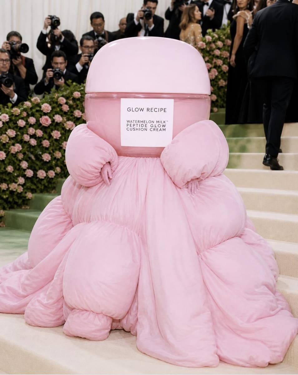 Glow Recipe Watermelon Milk Peptide Glow Cushion Cream dressed in a pillowy pink puffer gown on the Met Gala stairs, a beauty brand cultural moment marketing example