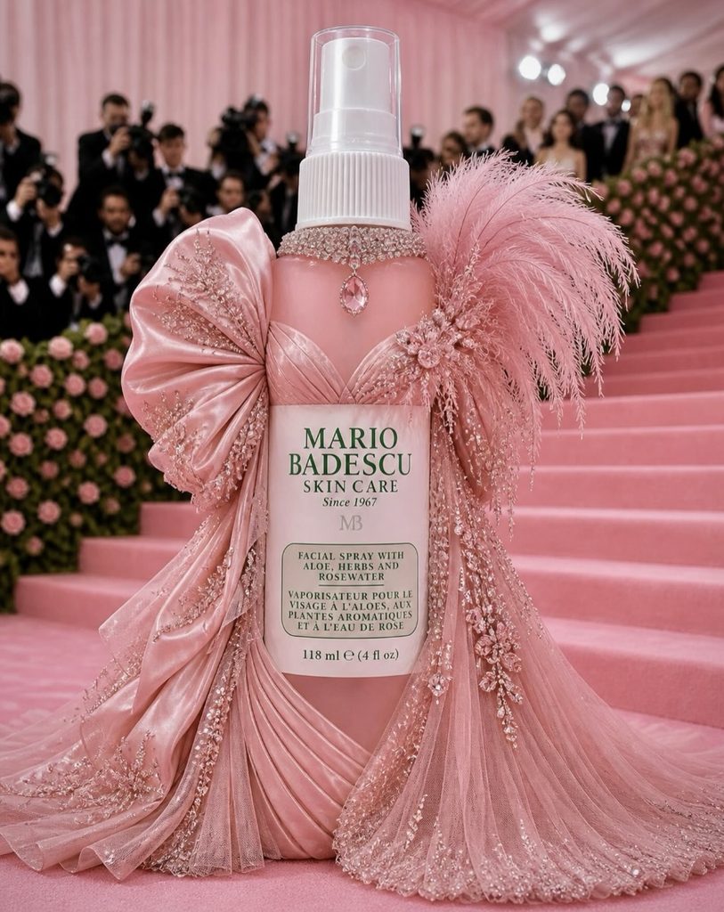 Mario Badescu Rose Facial Spray dressed in an embellished pink feather gown on the Met Gala red carpet, a skincare brand social media strategy example