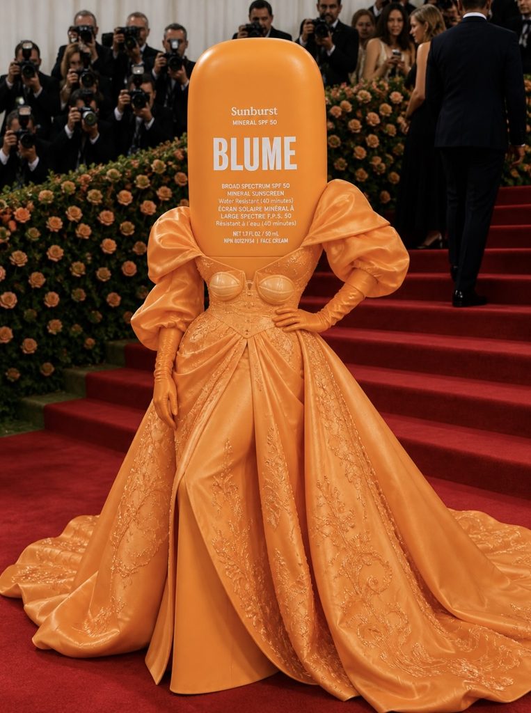 Blume Sunburst SPF 50 sunscreen dressed in a sweeping orange ballgown on the Met Gala red carpet, a beauty brand newsjacking social media campaign
