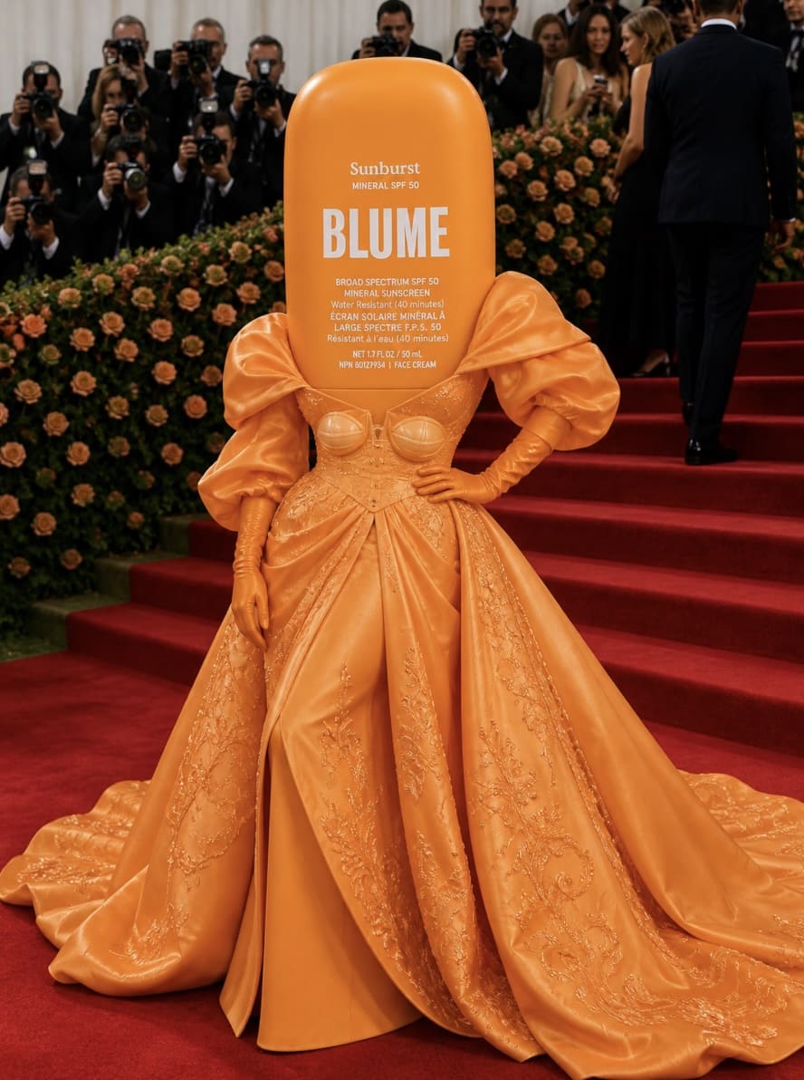 Blume Sunburst SPF 50 sunscreen dressed in a sweeping orange ballgown on the Met Gala red carpet, a beauty brand newsjacking social media campaign