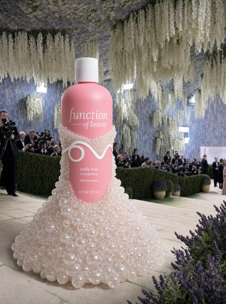 Function of Beauty curly hair shampoo bottle dressed in a pearl-encrusted gown inside the Met Gala venue, a social media brand awareness campaign example