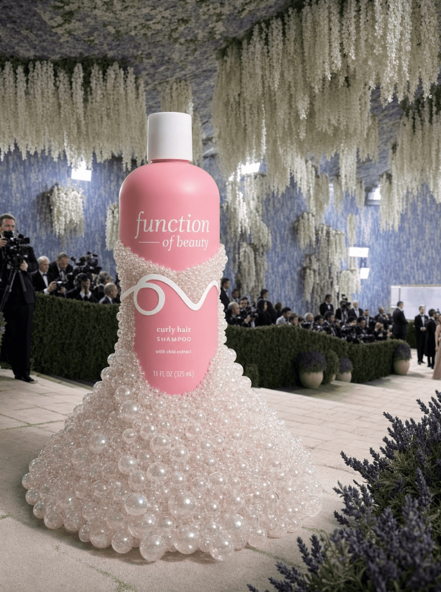 Function of Beauty curly hair shampoo bottle dressed in a pearl-encrusted gown inside the Met Gala venue, a social media brand awareness campaign example