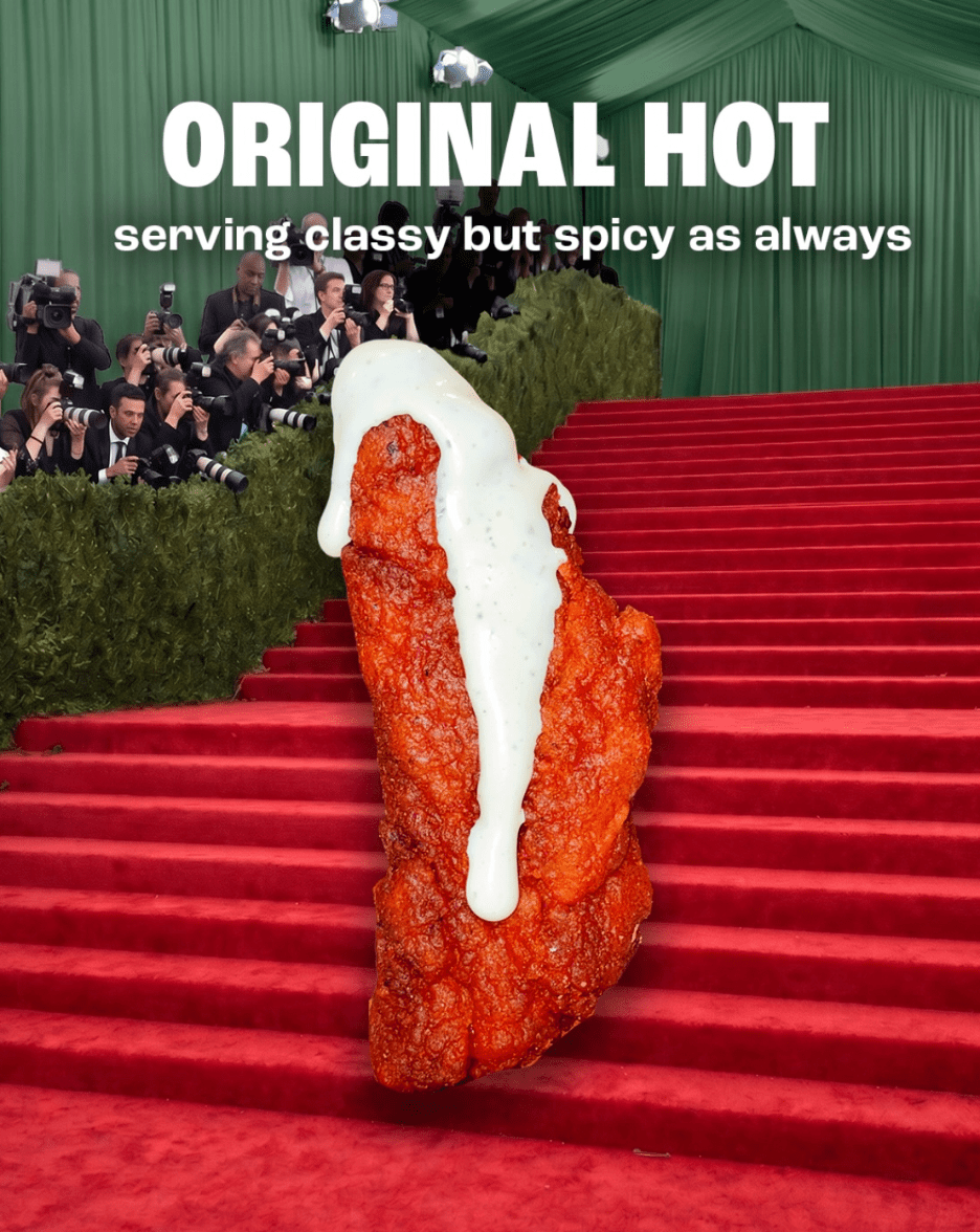 Wingstop Original Hot chicken wing on the Met Gala red carpet with the caption "serving classy but spicy as always", a brand social media marketing example